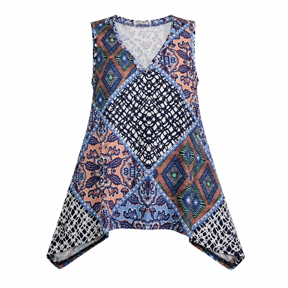 Women Mixed Patchwork Print Sharkbite Hem V-Neck Sleeveless Tunic Top Blue Sz M
